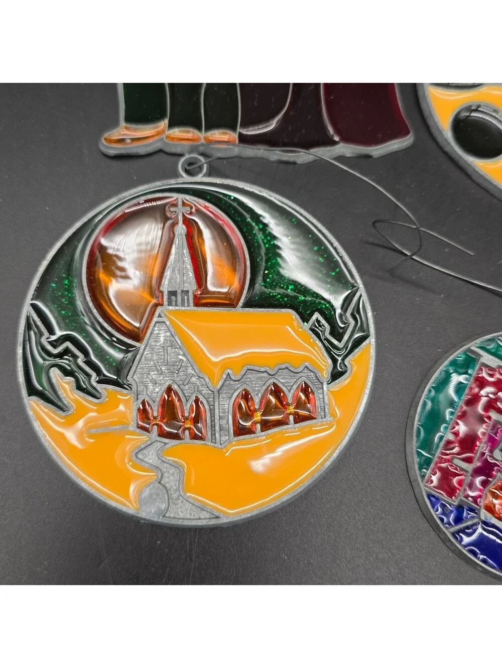 Vintage Faux Stained Glass Suncatcher Lot of 4 Christmas Carolers Church Palette